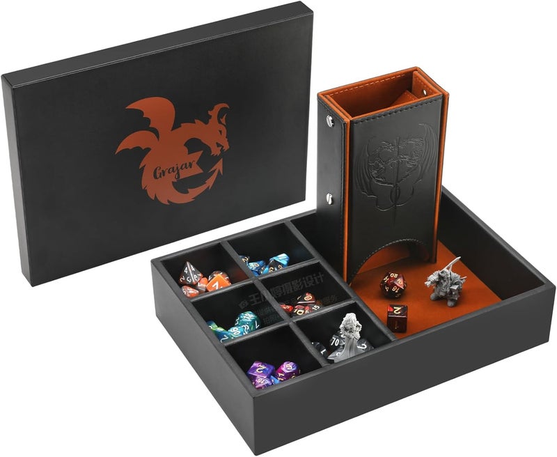 Grajar DND Dice Tray and Dice Tower with Storage, 3 in 1 Dice Rolling Tray with Lid, Portable Dice Box Storage, DND dice Holder for D&D RPG MTG Table Games - Brown - Image 1